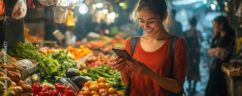 A woman holds her phone with a smile while browsing a bustling market, surrounded by a vibrant array of fresh vegetables and fruits, her enthusiasm capturing the lively and healthy ambiance of the photo