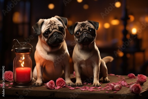 Beautiful Valentine's Day Card with Cartoon Pug dogs kissing Generative characte, generative IA photo