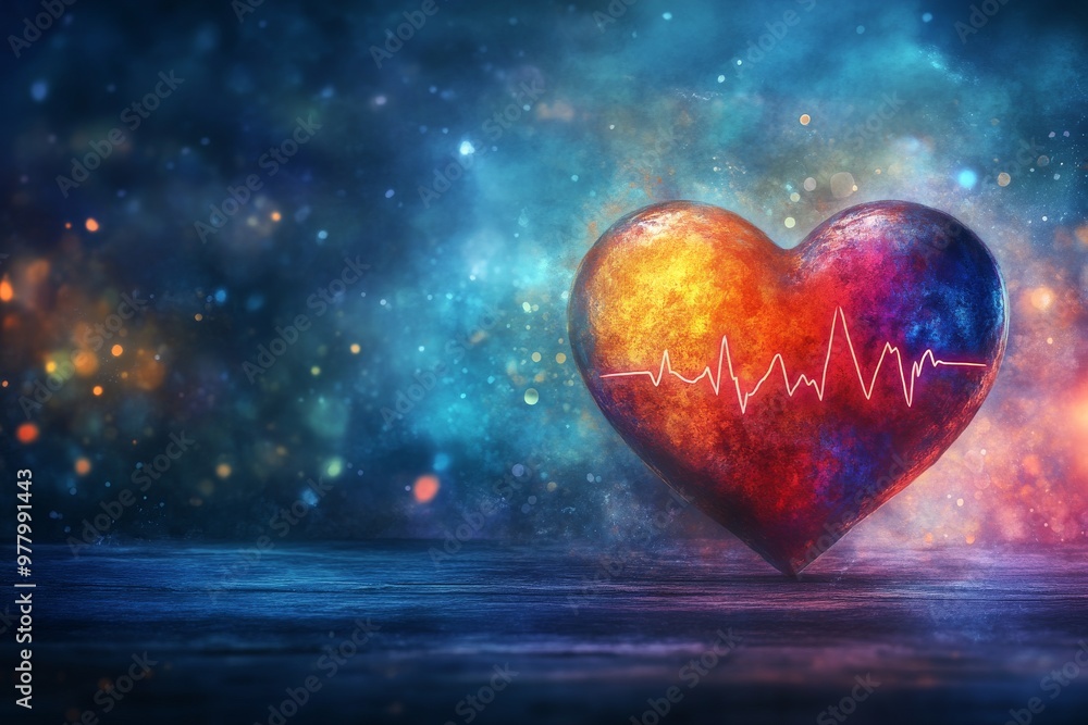 Glowing Multicolored Heart with Cardiogram Pulse in Cosmic Setting Representing Universal Love Vitality and Cardiovascular Health in a Mystical Environment Glowing Multicolored Heart with Cardiogram Pulse in Cosmic Setting Representing Universal Love Vitality and Cardiovascular Health in a Mystical Environment