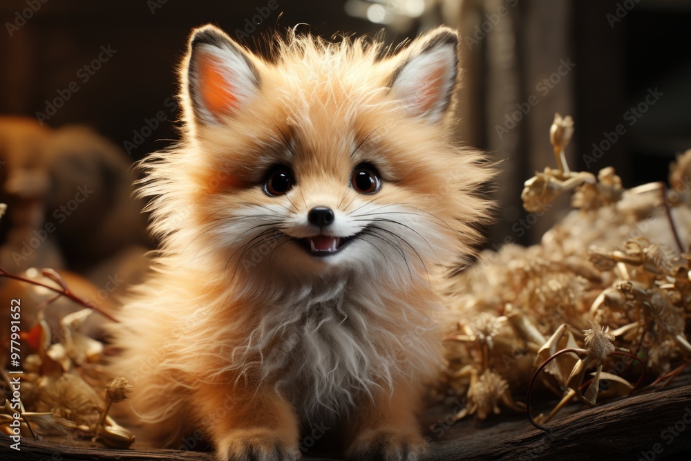 Realistic 3D Rendering of a happy fluffy and cute fox smiling with big Eyes Look, generative IA Realistic 3D Rendering of a happy fluffy and cute fox smiling with big Eyes Look, generative IA