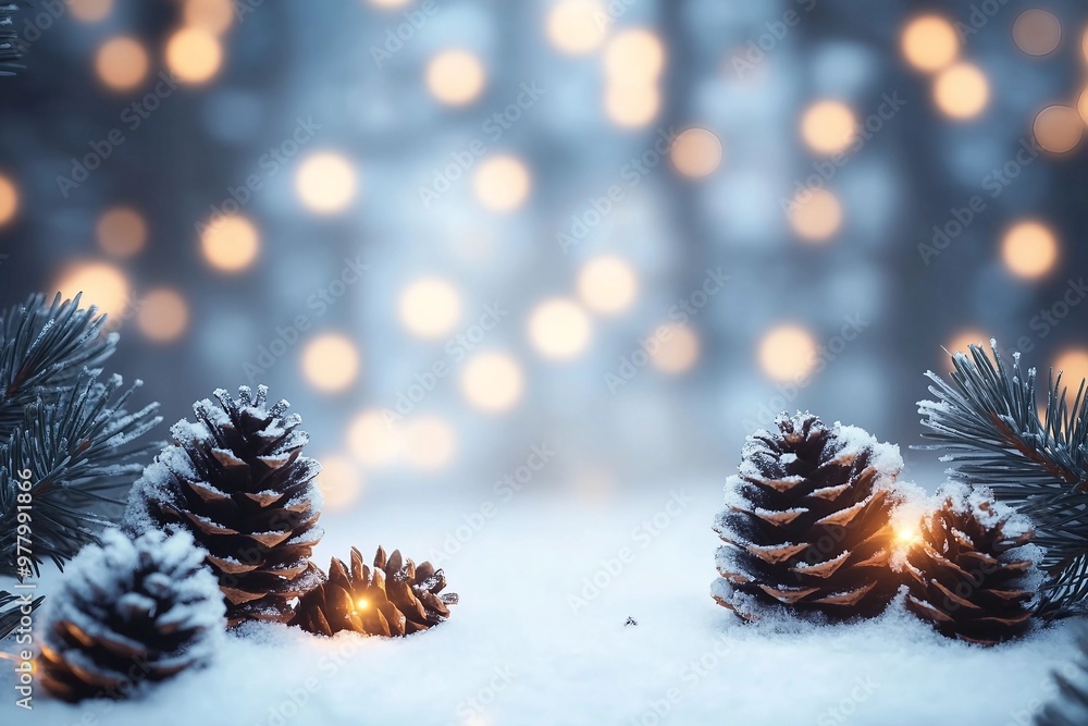 Snowy pine cones and branches with blurred holiday lights in the background Snowy pine cones and branches with blurred holiday lights in the background