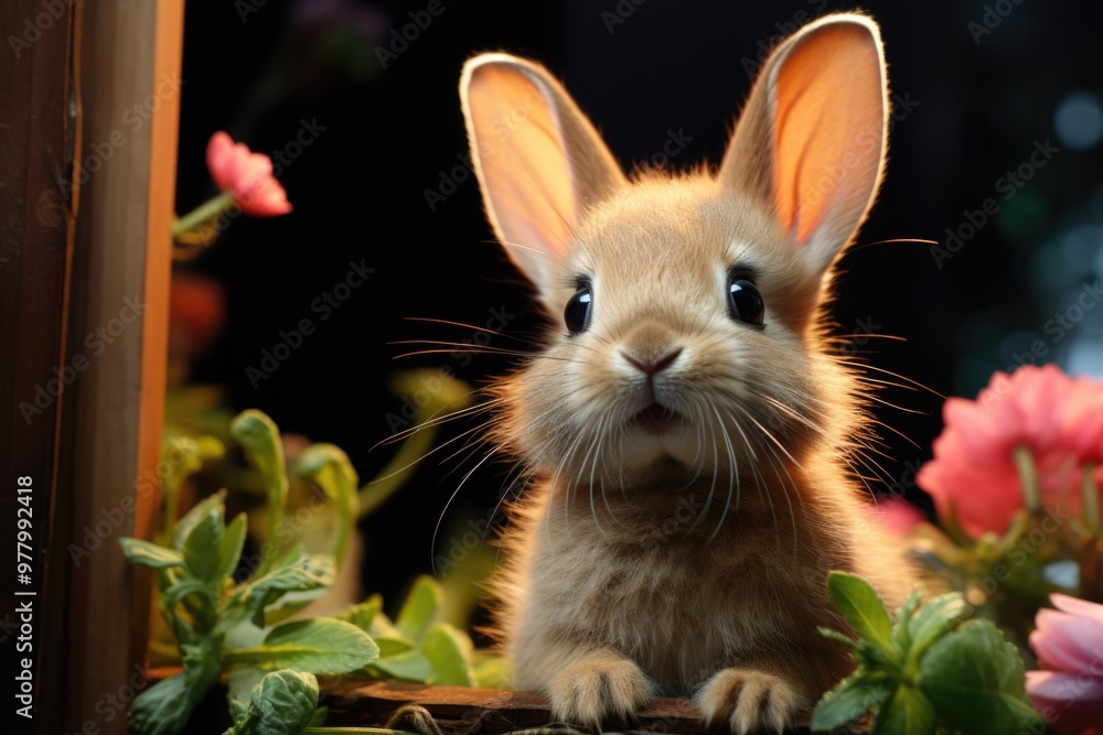 Obraz premium A rabbit with pink ears and pink nose sits on a green background., generative IA