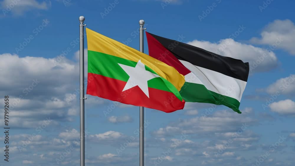 Palestine and Gaza Strip and Myanmar two flags waving together on blue , video concept of the relationship Palestine and Gaza Strip and Myanmar two flags waving together on blue , video concept of the relationship