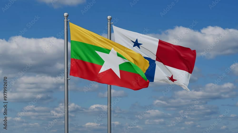 Panama and Myanmar flags flying together, video concept of the relationship, two country relations concept Panama and Myanmar flags flying together, video concept of the relationship, two country relations concept