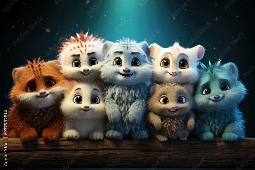 A group of cartoon animals with different expressions in a generative blue backg, generative IA A group of cartoon animals with different expressions in a generative blue backg, generative IA