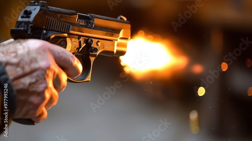 A handgun with a flying bullet. A hand holding a gun on a blurry background photo