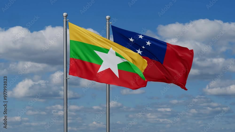 Samoa and Myanmar flags flying together, video concept of the relationship, two country cooperation concept Samoa and Myanmar flags flying together, video concept of the relationship, two country cooperation concept