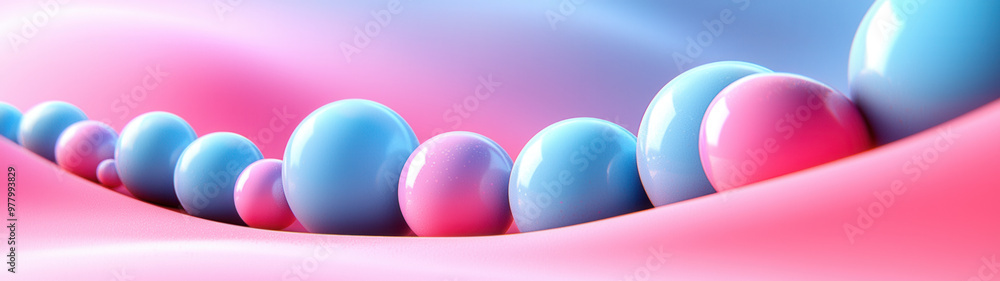 Light blue and pink glossy balls are neatly arranged on a smooth pink surface, stretching across the ultra-wide scene Light blue and pink glossy balls are neatly arranged on a smooth pink surface, stretching across the ultra-wide scene
