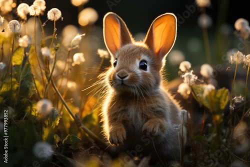 White Rabbit with Long Ears Playing on the Grass Pet Rabbit Animal Background Wa, generative IA photo