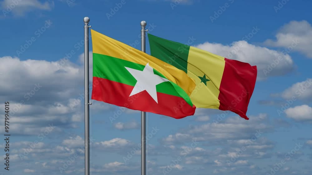 Republic of Senegal and Myanmar flags flying together, video concept of the relationship, two country cooperation concept Republic of Senegal and Myanmar flags flying together, video concept of the relationship, two country cooperation concept