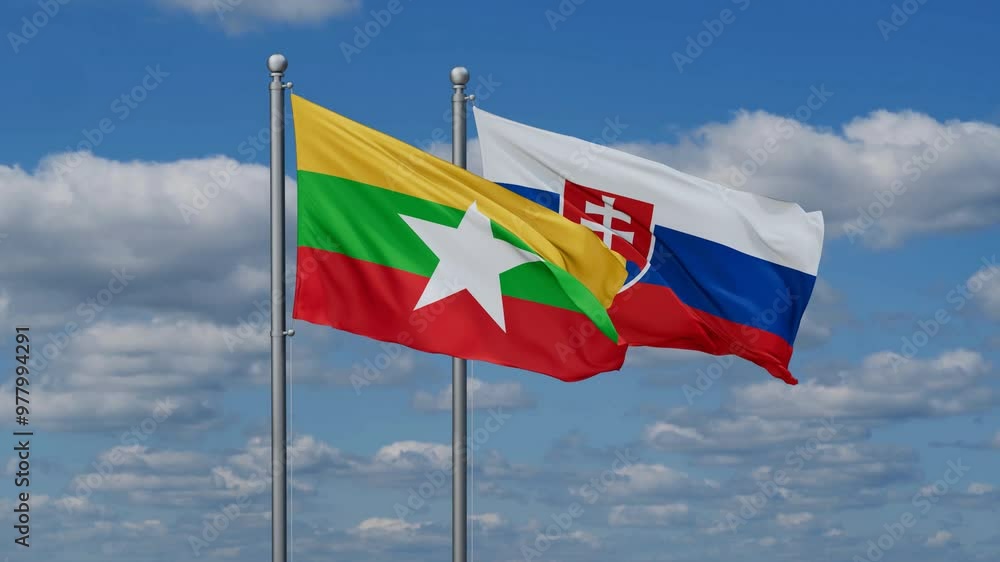Slovak Republic or Slovakia and Myanmar flags flying together, video concept of the relationship, two country cooperation concept Slovak Republic or Slovakia and Myanmar flags flying together, video concept of the relationship, two country cooperation concept