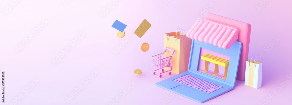 Isometric 3d icon of laptop, storefront, shopping cart, bags, credit card, coins on flat color background with Copy space, creative banner template for online shopping web site or app Isometric 3d icon of laptop, storefront, shopping cart, bags, credit card, coins on flat color background with Copy space, creative banner template for online shopping web site or app