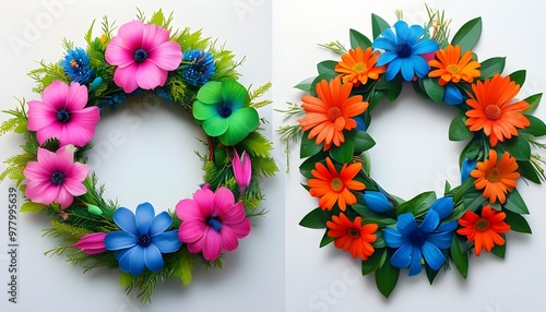 Vibrant tropical leis in shades of pink, green, blue, and orange showcasing a burst of color and festive spirit photo