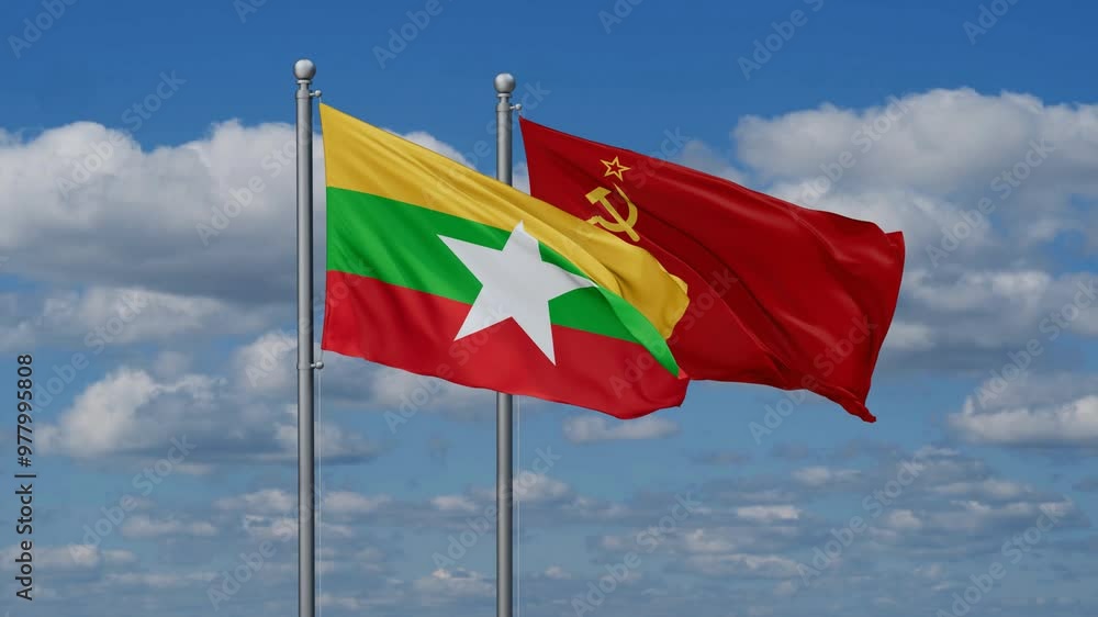 Soviet Union or USSR and Myanmar flags flying together, video concept of the relationship, two country cooperation concept Soviet Union or USSR and Myanmar flags flying together, video concept of the relationship, two country cooperation concept