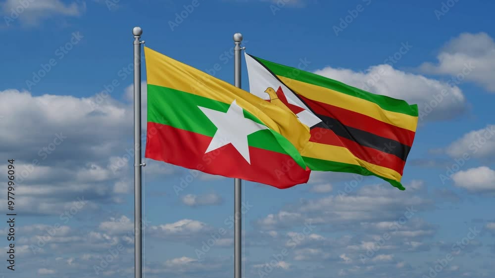 Zimbabwe and Myanmar flags flying together, video concept of the relationship, two country cooperation concept Zimbabwe and Myanmar flags flying together, video concept of the relationship, two country cooperation concept