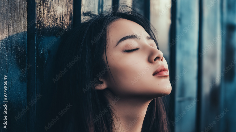 Girl dreaming with closed eyes by a window covered in raindrops Girl dreaming with closed eyes by a window covered in raindrops