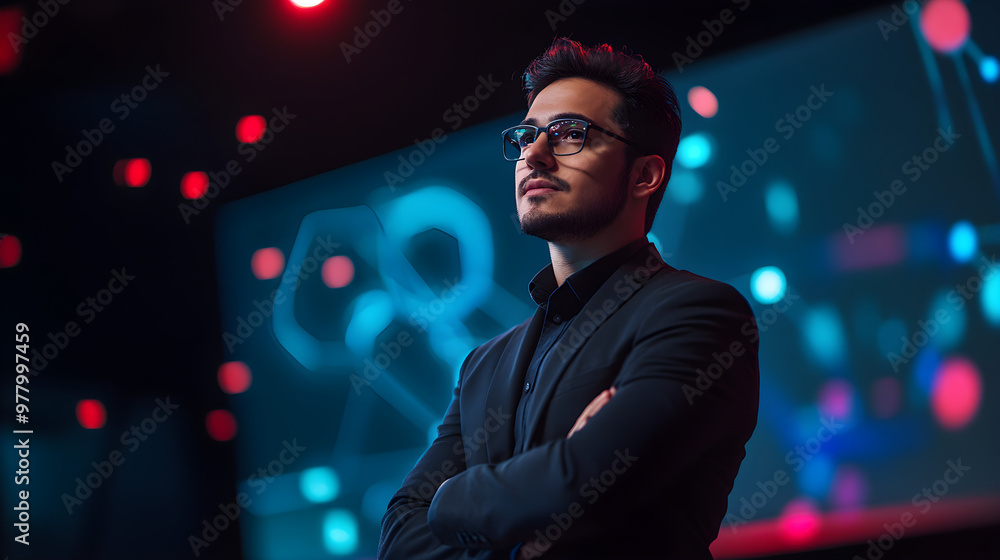 Fototapeta premium Startup founder presenting new AI-powered tech at innovation summit