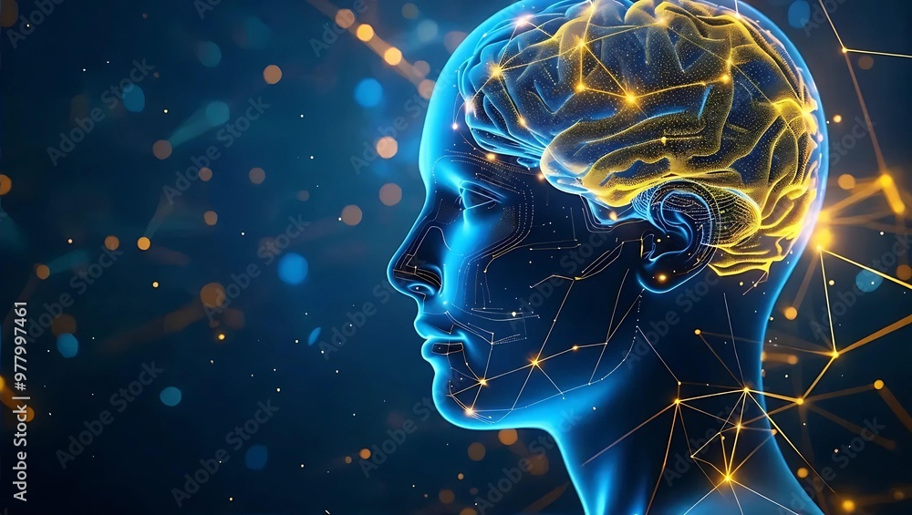 Side view of a humanoid head with glowing neural lines, showcasing blue and yellow eyes, symbolizing AI and technology, Generative AI. Side view of a humanoid head with glowing neural lines, showcasing blue and yellow eyes, symbolizing AI and technology, Generative AI.