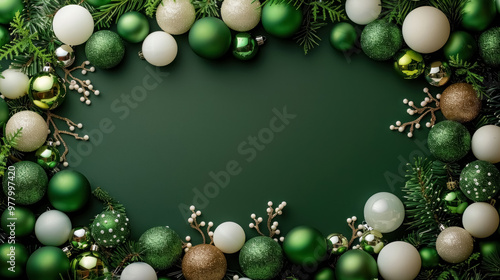 Top view of empty green New Year background with green and white balls, fir branches, Christmas frame or greeting card, flat lay festive surface with copy space