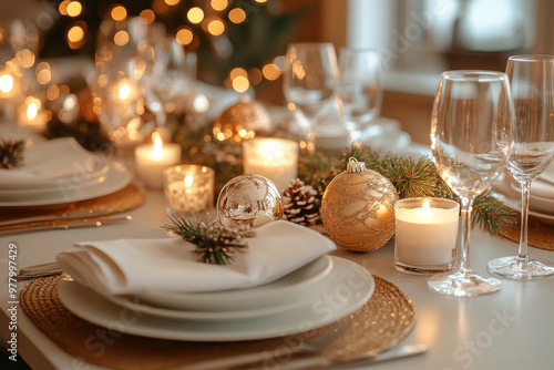 Table serving with plates, glasses, candles and christmas decoration for celebration dinner, festive interior decor for winter holiday