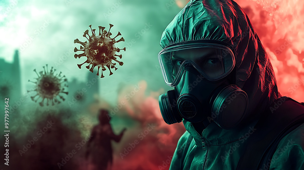 A lone figure in a gas mask stands against a backdrop of swirling colors and virus imagery, representing pandemic challenges. A lone figure in a gas mask stands against a backdrop of swirling colors and virus imagery, representing pandemic challenges.
