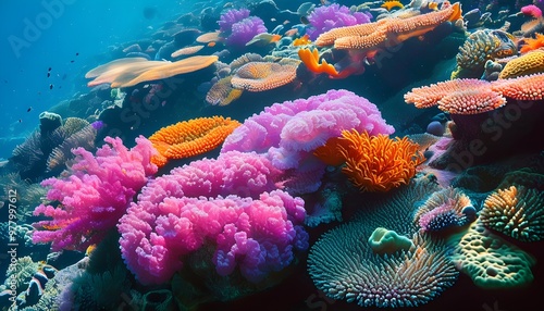 Colorful coral reef bursting with pink, purple, and orange tones. photo