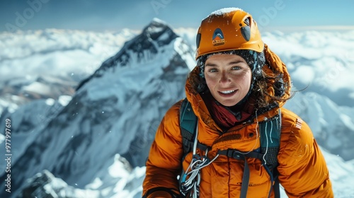 Happy female climber on top of snowy mountain. Climbing high snowy mountains