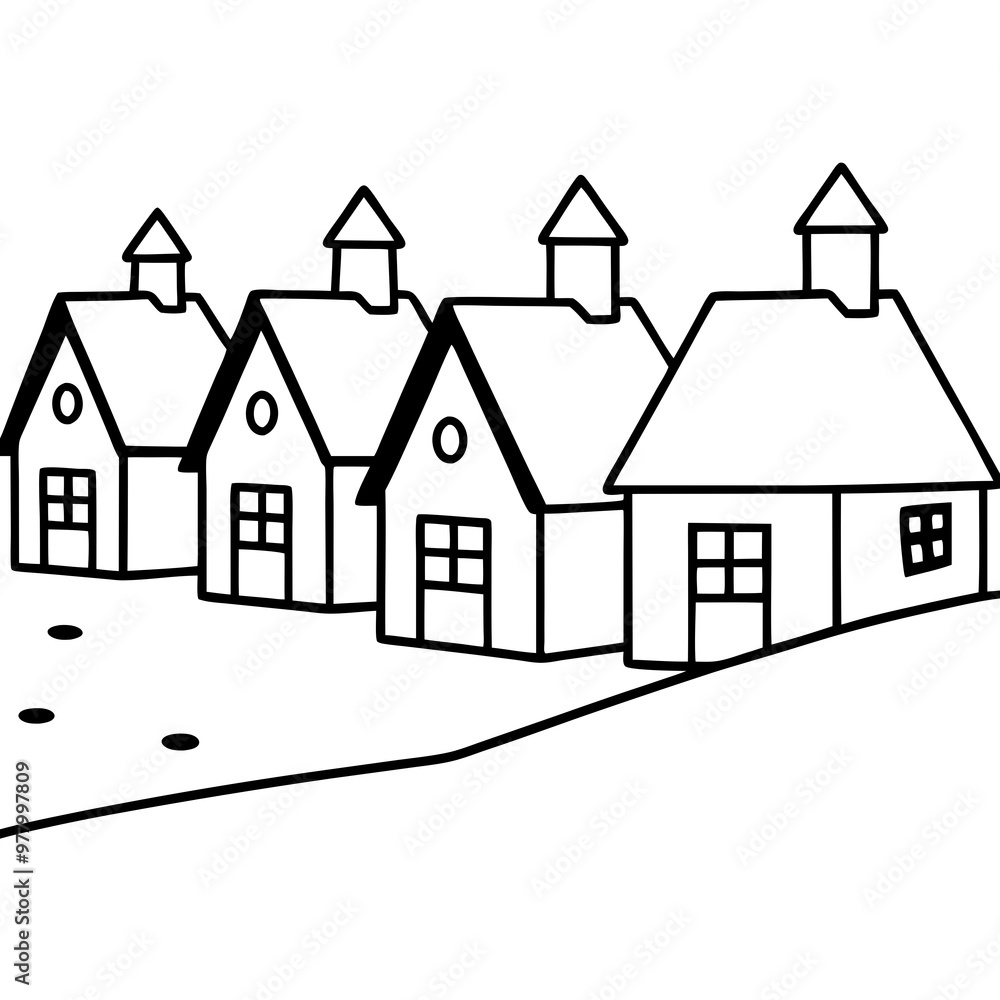 Fototapeta premium Festive Village Snow-Covered Houses Vector Art