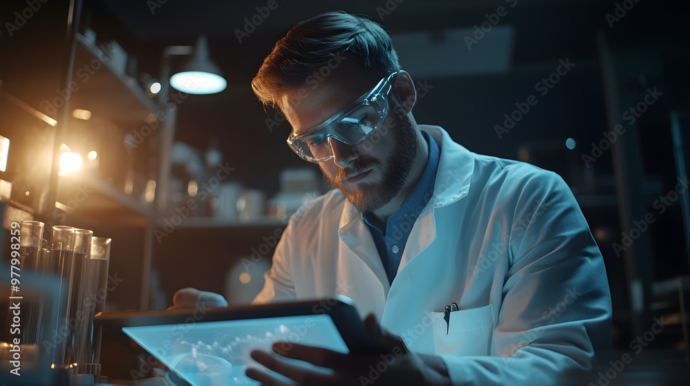 Fototapeta premium Engineer designing innovative product on tablet in high-tech lab