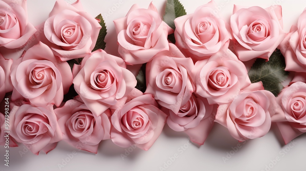 Decorative web banner. Close up of blooming pink roses flowers and petals isolated on white table background. Floral frame composition. Empty space, flat lay, top view Decorative web banner. Close up of blooming pink roses flowers and petals isolated on white table background. Floral frame composition. Empty space, flat lay, top view