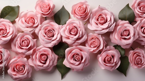 Decorative web banner. Close up of blooming pink roses flowers and petals isolated on white table background. Floral frame composition. Empty space, flat lay, top view