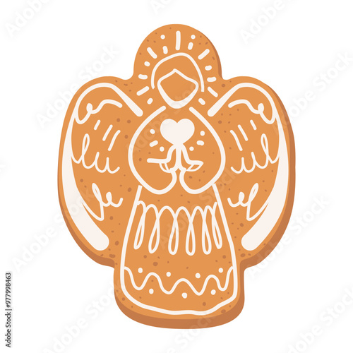 Gingerbread Christmas Angel Winter Cookie with decorative sweet icing. Vector flat illustration design isolated on white background. Homemade traditional winter holiday ginger baking