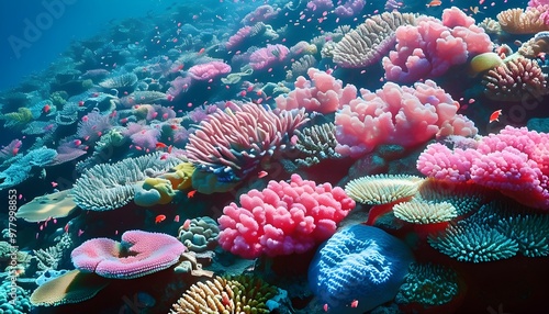 Colorful coral reef teeming with diverse coral species in shades of pink, blue, and purple underwater wonderland photo