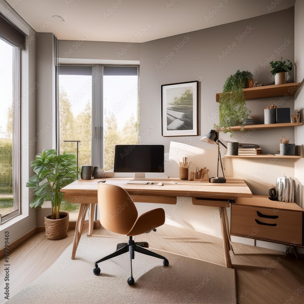 Fototapeta premium Minimalist home office setup with ergonomic furniture and clutter-free workspace