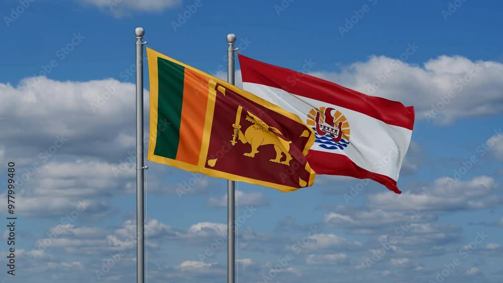 French Polynesia and Sri Lanka flags flying together, video concept of the relationship, two country relations concept French Polynesia and Sri Lanka flags flying together, video concept of the relationship, two country relations concept