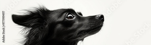 Black dog with long hair looking up