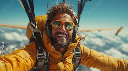 Happy skydiver in the sky. Skydiving from an airplane