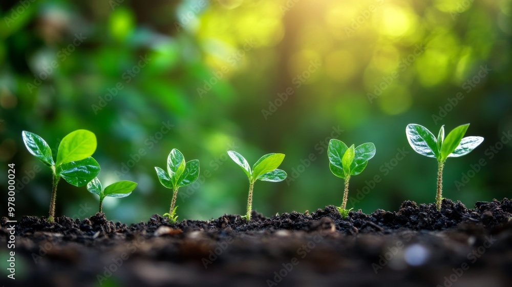 Fototapeta premium seedlings growing in dark soil, each with vibrant green leaves. They are illuminated by warm, golden sunlight, creating a serene and hopeful atmosphere. The softly blurred background