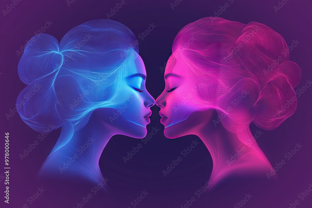 Two Colorful Silhouette Faces in Blue and Pink Representing Connection Intimacy and Human Interaction Two Colorful Silhouette Faces in Blue and Pink Representing Connection Intimacy and Human Interaction