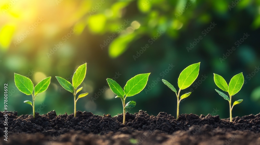 seedlings growing in dark soil, each with vibrant green leaves. They are illuminated by warm, golden sunlight, creating a serene and hopeful atmosphere. The softly blurred background seedlings growing in dark soil, each with vibrant green leaves. They are illuminated by warm, golden sunlight, creating a serene and hopeful atmosphere. The softly blurred background