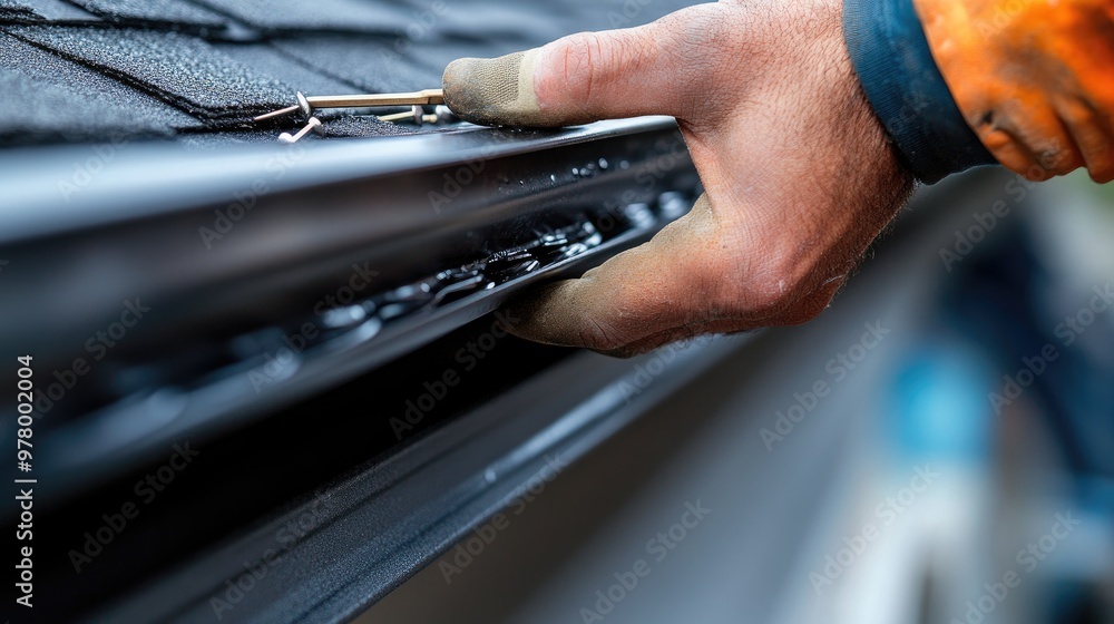 Close-Up of a Worker Installing a Gutter on a Roof with Gloved Hand and Tools Close-Up of a Worker Installing a Gutter on a Roof with Gloved Hand and Tools