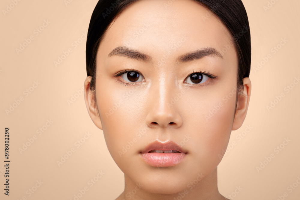 Fototapeta premium Pure Beauty. Closeup Of Asian Young Woman's Face With Natural Makeup And Calm Genuine Emotions Over Light Gray Studio Background. Portrait Of Attractive Korean Woman. Cropped
