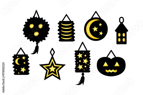 set of lantern icons for saint martin day, laternenumzug or light festival tradition in germany, martinstag symbol collection