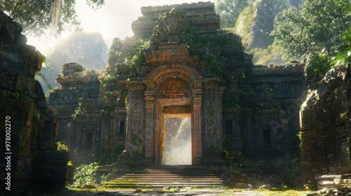 Ancient Stone Temple Entrance Overgrown With Lush Greenery