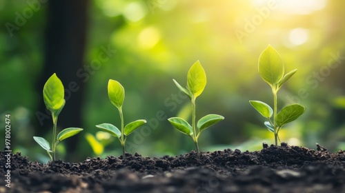 seedlings growing in dark soil, each with vibrant green leaves. They are illuminated by warm, golden sunlight, creating a serene and hopeful atmosphere. The softly blurred background