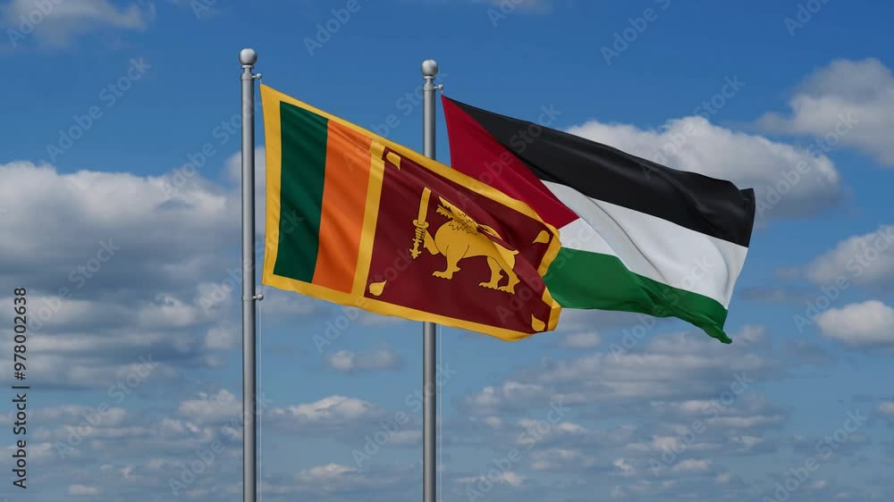 Palestine and Gaza Strip and Sri Lanka two flags waving together on blue , video concept of the relationship Palestine and Gaza Strip and Sri Lanka two flags waving together on blue , video concept of the relationship