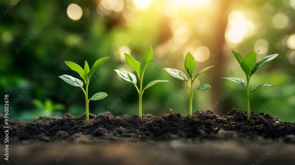 seedlings growing in dark soil, each with vibrant green leaves. They are illuminated by warm, golden sunlight, creating a serene and hopeful atmosphere. The softly blurred background seedlings growing in dark soil, each with vibrant green leaves. They are illuminated by warm, golden sunlight, creating a serene and hopeful atmosphere. The softly blurred background