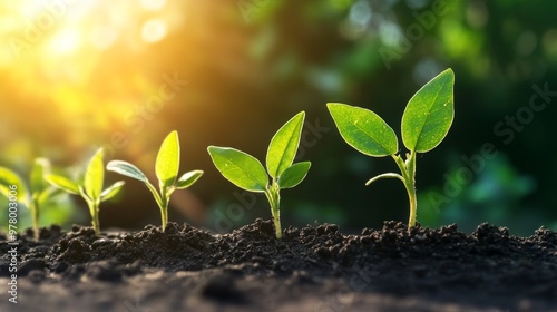 seedlings growing in dark soil, each with vibrant green leaves. They are illuminated by warm, golden sunlight, creating a serene and hopeful atmosphere. The softly blurred background