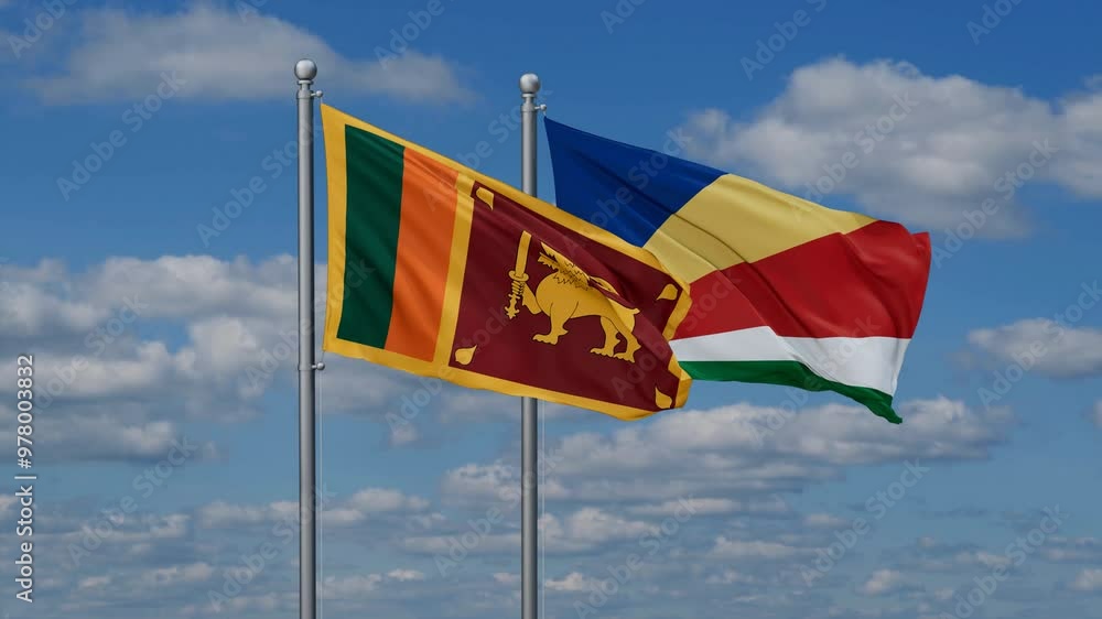 Seychelles and Sri Lanka flags flying together, video concept of the relationship, two country relations concept Seychelles and Sri Lanka flags flying together, video concept of the relationship, two country relations concept