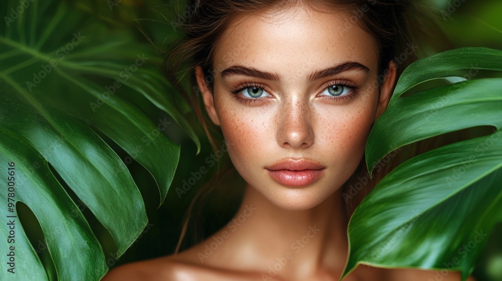 Elegant Woman with Flawless Skin in Tropical Leaf Setting Elegant Woman with Flawless Skin in Tropical Leaf Setting